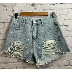 Shein Light Wash Blue Jeans Distressed Pearls Women's Size Large Summer Festival